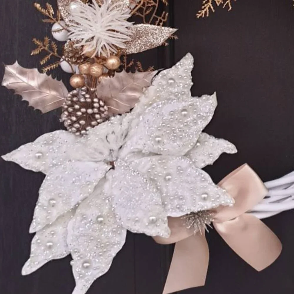 Christmas Holiday Handmade Gold White Wreath Home Office Decor Door Wall Hanger